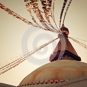 Buddhist shrine Boudhanath Stupa - vintage filter. Stupa with Buddha wisdom eyes.