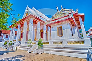 The Buddhist shrine building in Wat Bowonniwet Vihara complex, Bangkok, Thailand