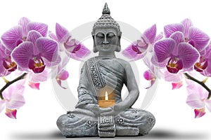 Buddhist statue holding a candle with orchids on each side on a white background