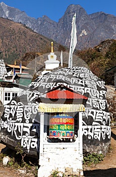 Buddhist stupa Chorten on the way to Everest base camp, Chaurikharka village, Khumbu valley, Solukhumbu, Nepal buddhism