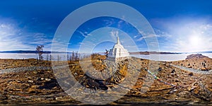 Buddhist stupa of enlightenment Ogoy on an island in Lake Baikal. vr content. spherical Panorama 360 degrees 180