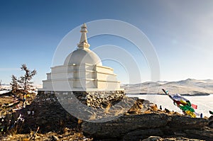 The Buddhist Stupa of Enlightenment in winter at Ogoy Island along Baikal Lake , Irkurtsk , Russia