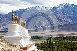 Buddhist stupa and Himalayas mountains. Shey Palace in Ladakh, India