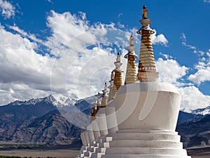 Buddhist stupa and Himalayas mountains. Shey Palace in Ladakh, India