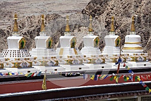 Buddhist stupa and Himalayas mountains . Thiksey Monastery, Leh , Ladakh, India