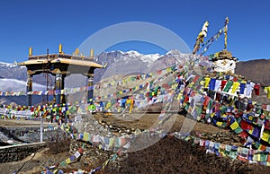 Buddhist Stupa Prayer Flags Nepal Himalaya Mountains Scenic Landscape Annapurna Circuit Hiking Trek