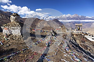 Buddhist Stupa Prayer Flags Nepal Himalaya Mountains Scenic Landscape Annapurna Circuit Hiking Trek