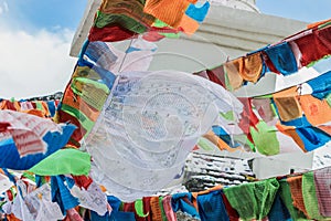 Buddhist Stupa with prayer flags on snow mountain