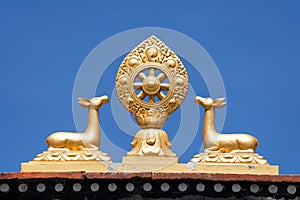 Buddhist symbol on the roof of Jharkot village gompa