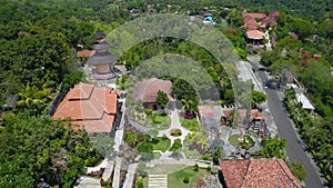 Buddhist temple Brahma Vihara Arama with statues gods. aerial view balinese temple, old hindu architecture, Bali