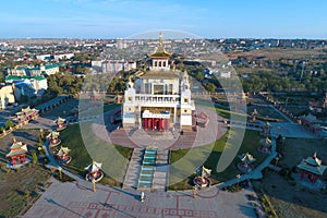 Buddhist temple `Golden abode of Buddha Shakyamuni` aerial photography. Elista