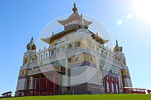 Buddhist temple Golden Abode of Buddha Shakyamuni against a blue sky. Elista, Kalmykia, Russia
