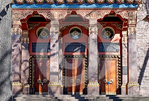 Buddhist Temple Gunzechojnej in sunny day, Saint-Petersburg, Russia. Front view