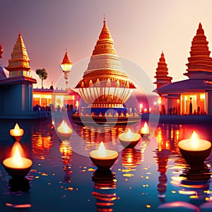 Buddhist temple on the lake at sunset. Bali, Indonesia generative AI