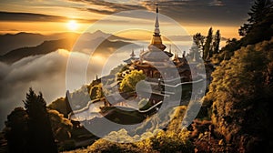 Buddhist temple in the mountains at sunset, Chiang Mai, Thailand