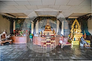 Buddhist temple in the rain. The Brahmavihara Arama Temple with beautiful gardens and monastery. Tropical plants, Banjar, Bali