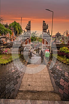 Buddhist temple in the rain. The Brahmavihara Arama Temple with beautiful gardens and monastery. Tropical plants, Banjar, Bali