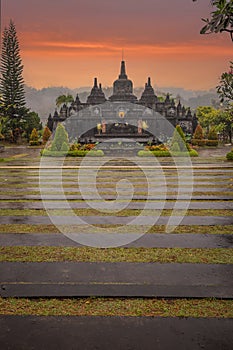 Buddhist temple in the rain. The Brahmavihara Arama Temple with beautiful gardens and monastery. Tropical plants, Banjar, Bali