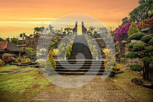 Buddhist temple in the rain. The Brahmavihara Arama Temple with beautiful gardens and monastery. Tropical plants, Banjar, Bali