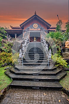 Buddhist temple in the rain. The Brahmavihara Arama Temple with beautiful gardens and monastery. Tropical plants, Banjar, Bali