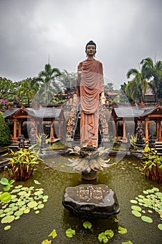 Buddhist temple in the rain. The Brahmavihara Arama Temple with beautiful gardens and monastery. Tropical plants, Banjar, Bali