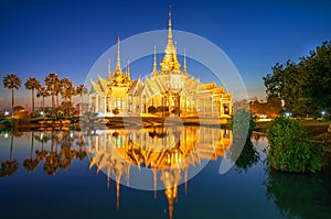 Buddhist temple with reflection on water landmark of Nakhon Ratchasima Province, Thailand