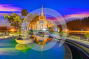 Buddhist temple with reflection on water landmark of Nakhon Ratchasima Province, Thailand