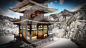Buddhist Temple in rocky mountains 3d rendering