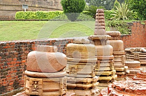 Buddhist temple and small stupas ruins at sarnath