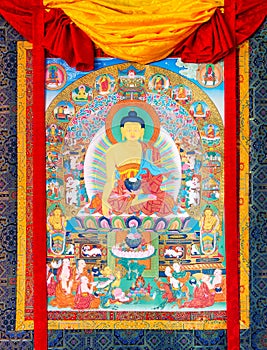 Buddhist thangka, Tibetan Buddhist painting on cotton, or silk a