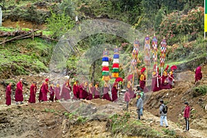 Buddhist monk procession at ceremony celebration in Nepal temple