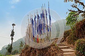 Buddist religious prayer flags and trees outside monastery in Sikkim, India. Blue sky background