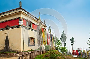 Buddist religious prayer flags and trees outside monastery in Sikkim, India. Blue sky background