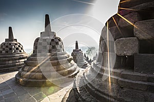Buddist temple Borobudur on sunset background. Yogyakarta. Java, Indonesia