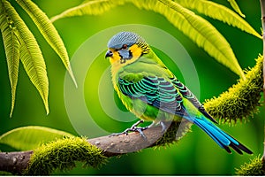 Budgerigar Perched: Intricate Feather Textures Amid Vibrant Green and Yellow Plumage, Blurred Harmony