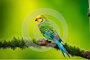 Budgerigar Perched: Intricate Feather Textures Amid Vibrant Green and Yellow Plumage, Blurred Harmony