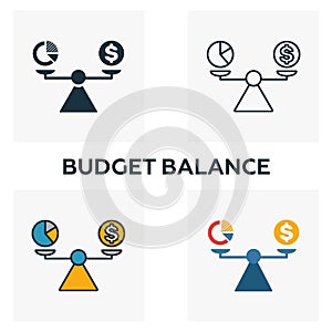 Budget Balance icon set. Four elements in diferent styles from business management icons collection. Creative budget balance icons