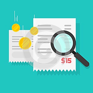 Budget billing calculation or money payment audit check vector flat cartoon illustration, paper receipts with money and