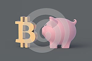 Budget concept. Bitcoin symbol near piggy bank. Paying taxes