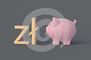 Budget concept. Zloty symbol near piggy bank. Polish reserve