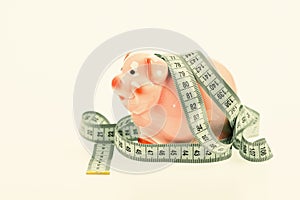 Budget crisis. Planning budget. Business problem. Limited or restricted. Credit loan debt. Piggy bank and measuring tape