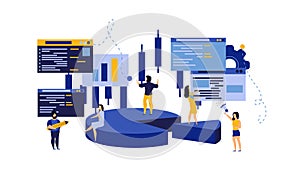 Budget data people vector business analysis person concept illustration. Financial account statistic graph management chart report