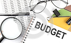 BUDGET - the inscription of text on the Notepad, and chart. Business concept