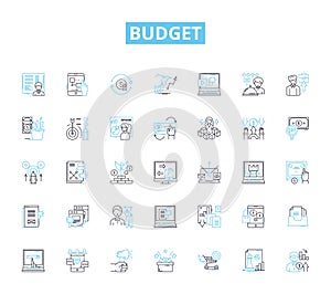 Budget linear icons set. Thrifty, Economy, Frugal, Affordable, Savings, Cost-effective, Cutbacks line vector and concept