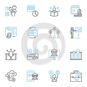 Budget management linear icons set. Frugal, Economize, Thrift, Allocation, Saving, Abstinence, Economy line vector and