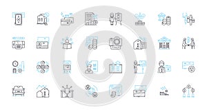 Budget management linear icons set. Frugal, Economize, Thrift, Allocation, Saving, Abstinence, Economy line vector and photo