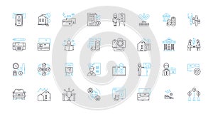 Budget management linear icons set. Frugal, Economize, Thrift, Allocation, Saving, Abstinence, Economy line vector and photo