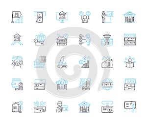 Budget management linear icons set. Frugal, Economize, Thrift, Allocation, Saving, Abstinence, Economy line vector and photo