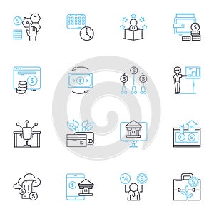 Budget management linear icons set. Frugal, Economize, Thrift, Allocation, Saving, Abstinence, Economy line vector and photo