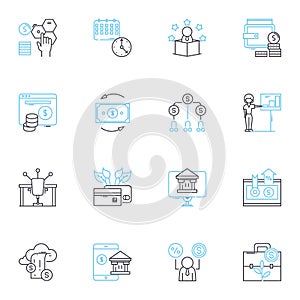 Budget management linear icons set. Frugal, Economize, Thrift, Allocation, Saving, Abstinence, Economy line vector and photo